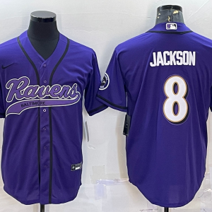 Men's Baltimore Ravens #8 Lamar Jackson Purple With Patch Stitched Baseball Jersey