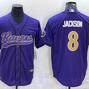 Men's Baltimore Ravens #8 Lamar Jackson Purple With Patch Stitched Baseball Jersey