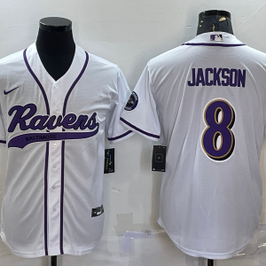 Men's Baltimore Ravens #8 Lamar Jackson White With Patch Stitched Baseball Jersey