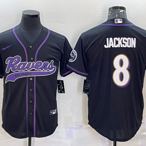 Men's Baltimore Ravens #8 Lamar Jackson Black With Patch Stitched Baseball Jersey