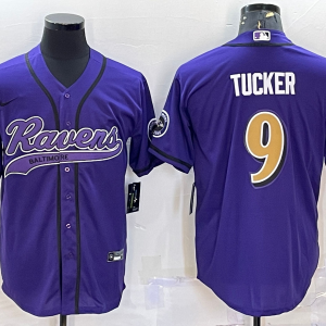 Men's Baltimore Ravens #9 Justin Tucker Purple With Patch Stitched Baseball Jersey