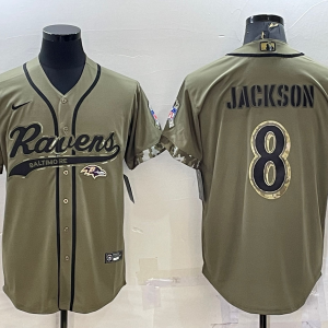 Men's Baltimore Ravens #8 Lamar Jackson 2022 Olive Salute To Service Baseball Nike Jersey
