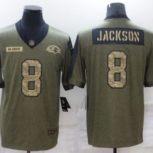 Men's Baltimore Ravens #8 Lamar Jackson 2021 Olive Camo Salute To Service Limited Jersey