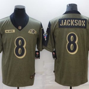 Men's Baltimore Ravens #8 Lamar Jackson 2021 Olive Salute To Service Limited Jersey