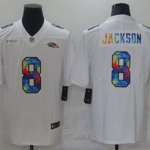 Men's Baltimore Ravens #8 Lamar Jackson 2020 White Crucial Catch Limited Jersey