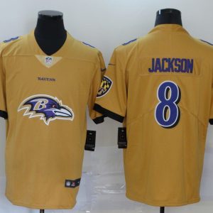 Men's Baltimore Ravens #8 Lamar Jackson Yellow Team Big Logo Number Vapor Untouchable Limited Jersey