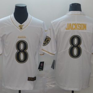 Men's Baltimore Ravens #8 Lamar Jackson White 2019 100th Season Golden Edition Limited Jersey
