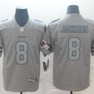 Men's Baltimore Ravens #8 Lamar Jackson 2019 Gray Gridiron Team Logo Limited Jersey
