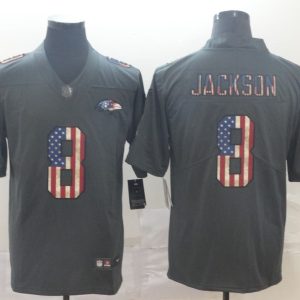 Men's Baltimore Ravens #8 Lamar Jackson Grey 2019 Salute To Service USA Flag Fashion Limited Jersey