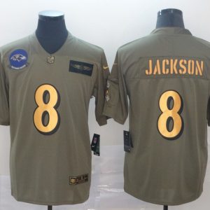 Men's Baltimore Ravens #8 Lamar Jackson 2019 Olive/Gold Salute To Service Limited Jersey