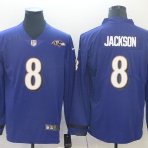 Men's Baltimore Ravens #8 Lamar Jackson Blue Therma Long Sleeve Stitched NFL Jersey