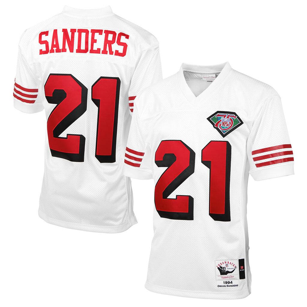 Mitchell And Ness 75TH 49ers #21 Deion Sanders White Stitched Throwback NFL Jersey