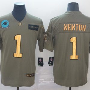 Men's Carolina Panthers #1 Cam Newton 2019 Olive/Gold Salute To Service Limited Jersey