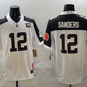Men's Cleveland Browns #12 Shedeur Sanders White/Brown 2025 Draft F.U.S.E. With Jim Brown Limited Jersey