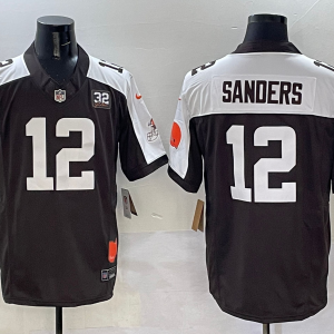 Men's Cleveland Browns #12 Shedeur Sanders Brown/White 2025 Draft F.U.S.E. With Jim Brown Limited Jersey