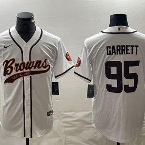 Men's Cleveland Browns #95 Myles Garrett White With Patch Cool Base Stitched Baseball Jersey