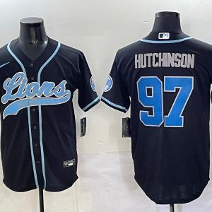 Men's Detroit Lions #97 Aidan Hutchinson Black Cool Base Stitched Baseball Jersey