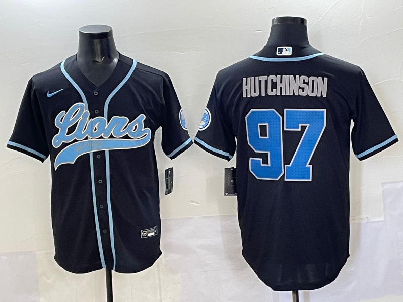 Men's Detroit Lions #97 Aidan Hutchinson Black Cool Base Stitched Baseball Jersey