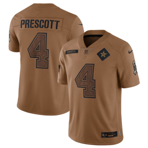 Men's Dallas Cowboys #4 Dak Prescott 2023 Brown Salute To Service Limited Jersey