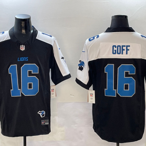 Men's Detroit Lions #16 Jared Goff Black/White F.U.S.E. 2024 Michigan Patch Vapor Limited Jersey