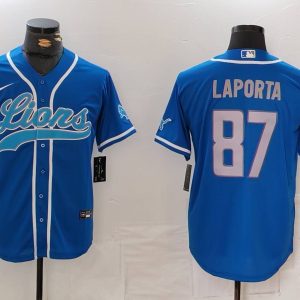 Men's Detroit Lions #87 Laporta Blue Cool Base Stitched Baseball Jersey