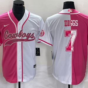 Men's Dallas Cowboys #7 Trevon Diggs Pink/White Split Baseball Jersey