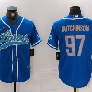Men's Detroit Lions #97 Aidan Hutchinson Blue Cool Base Stitched Baseball Jersey