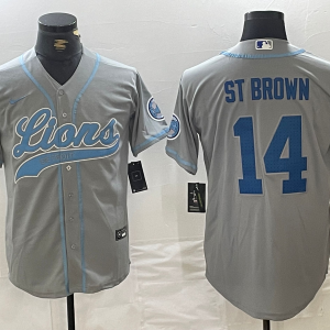 Men's Detroit Lions #14 Amon-Ra St. Brown Gray Cool Base Stitched Baseball Jersey