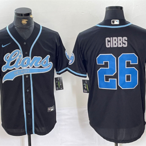 Men's Detroit Lions #26 Jahmyr Gibbs Black Cool Base Stitched Baseball Jersey