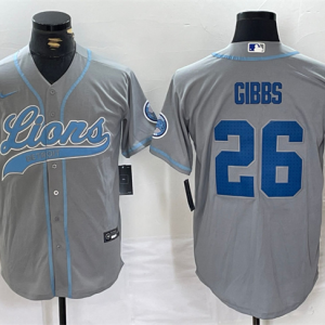 Men's Detroit Lions #26 Jahmyr Gibbs Gray Cool Base Stitched Baseball Jersey