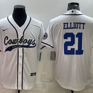 Men's Dallas Cowboys #21 Ezekiel Elliott White With Patch Cool Base Stitched Baseball Jersey