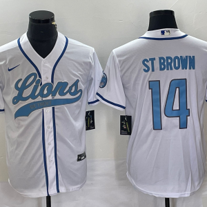 Men's Detroit Lions #14 Amon Ra St Brown White Cool Base Stitched Baseball Jersey