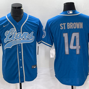 Men's Detroit Lions #14 Amon Ra St Brown Blue Cool Base Stitched Baseball Jersey