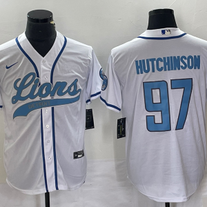 Men's Detroit Lions #97 Aidan Hutchinson White Cool Base Stitched Baseball Jersey