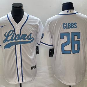 Men's Detroit Lions #26 Jahmyr Gibbs White Cool Base Stitched Baseball Jersey