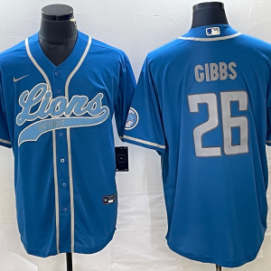 Men's Detroit Lions #26 Jahmyr Gibbs Blue Cool Base Stitched Baseball Jersey