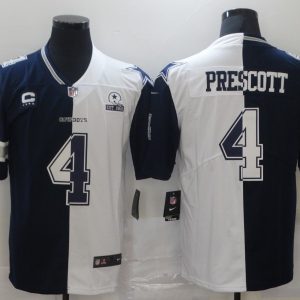 Men's Dallas Cowboys #4 Dak Prescott Navy White Split With C Patch And 1960 Patch Limited Jersey