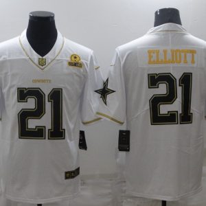 Men's Dallas Cowboys #21 Ezekiel Elliott White Golden Edition With 1960 Patch Limited Jersey