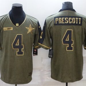 Men's Dallas Cowboys #4 Dak Prescott 2021 Olive Salute To Service Golden Limited Jersey
