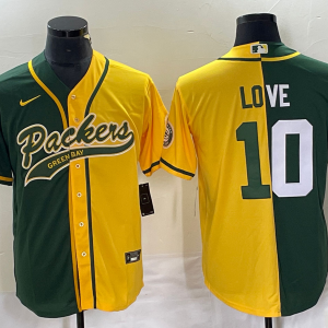 Men's Green Bay Packers #10 Jordan Love Green/Gold Split Stitched Baseball Jersey