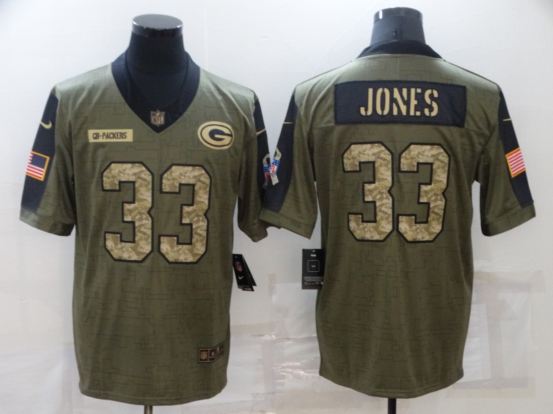 Men's Green Bay Packers #33 Jones 2021 Olive Camo Salute To Service Limited Jersey