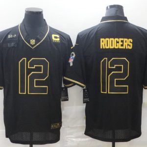 Men's Green Bay Packers #12 Rodgers Black 2020 Golden Edition C Patch Limited Jersey
