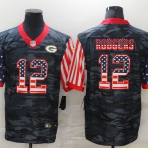 Men's Green Bay Packers Packers #12 Aaron Rodgers 2020 Camo USA Flag Limited Jersey