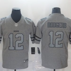 Men's Green Bay Packers #12 Aaron Rodgers 2019 Gray Gridiron Team Logo Limited Jersey