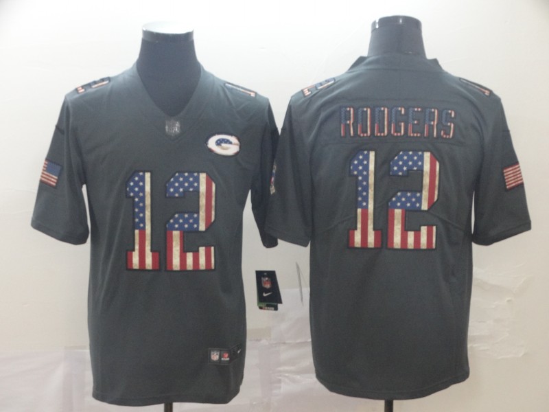 Men's Green Bay Packers Packers #12 Aaron Rodgers Grey 2019 Salute To Service USA Flag Fashion Limited Jersey