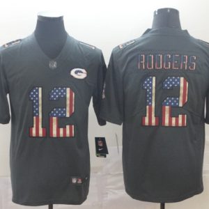 Men's Green Bay Packers #12 Aaron Rodgers Grey 2019 Salute To Service USA Flag Fashion Limited Jersey