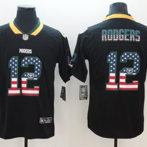 Nike 2018 Green Bay Packers #12 Rodgers USA Flag Fashion Black Color Rush Limited Jersey