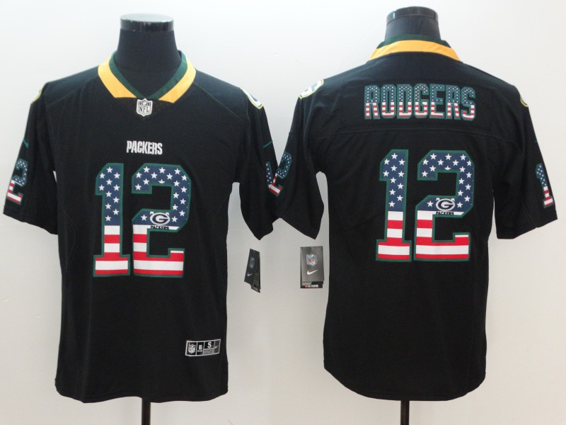 Nike 2018 Green Bay Packers #12 Rodgers USA Flag Fashion Black Color Rush Limited Jersey