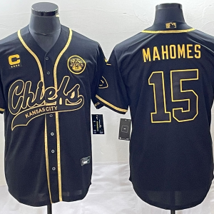 Men's Kansas City Chiefs Chiefs #15 Patrick Mahomes Black Gold 4-Star C Patch Baseball Jersey