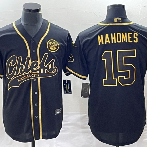 Men's Kansas City Chiefs Chiefs #15 Patrick Mahomes Black Gold Baseball Jersey